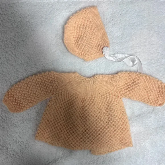 Handknit Peach Baby Cardigan with Bonnet - Picture 3 of 3